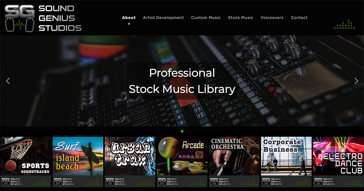 Music Website Design for Sound Genius Studios: MP3 Play & Pay to Download Files