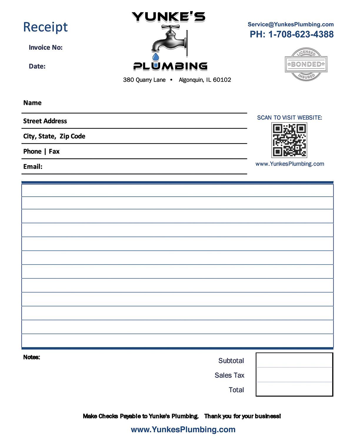 Receipt pads printed to match this contractor website design in Algonquin